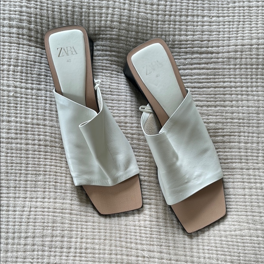 Zara White Leather Slip-On Sandals